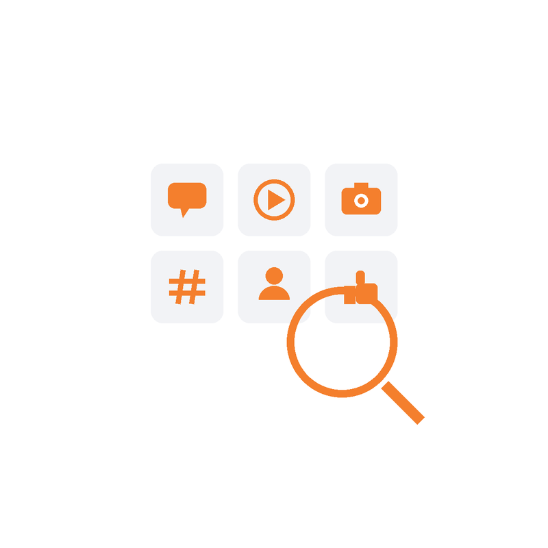 Social media screening platform coverage — Facebook, LinkedIn, X, Instagram, TikTok and YouTube profiles reviewed under a magnifying glass